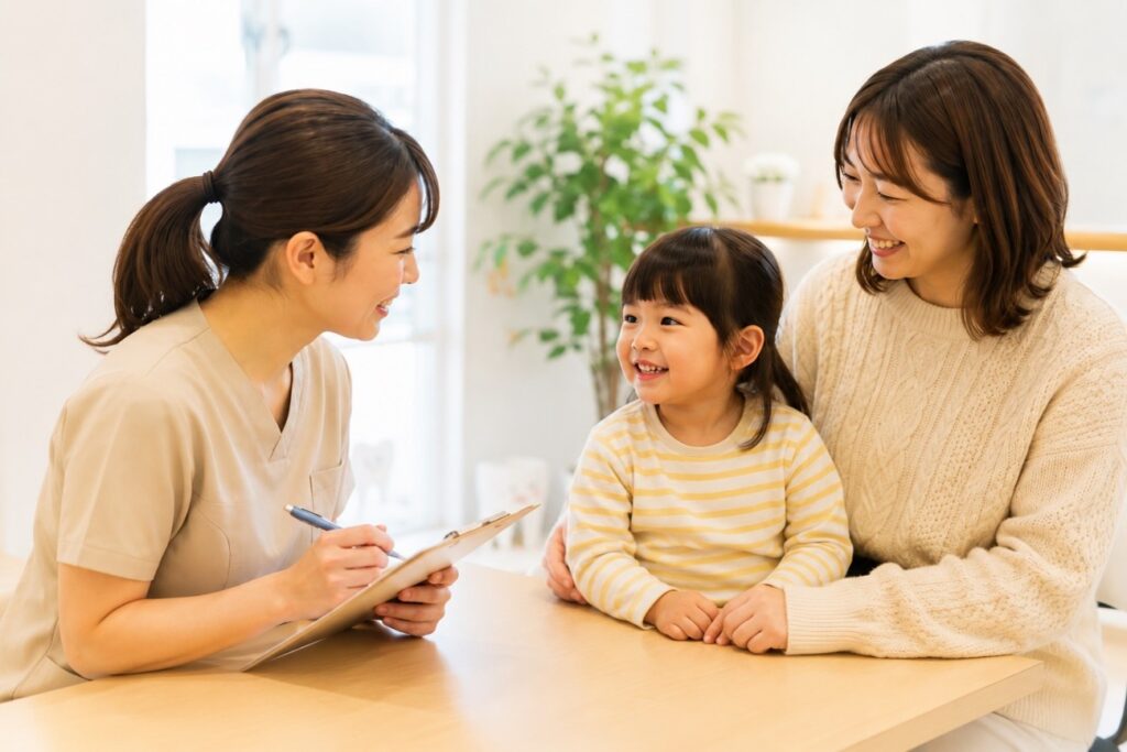 歯医者の看護師からヒアリングをされている親子
