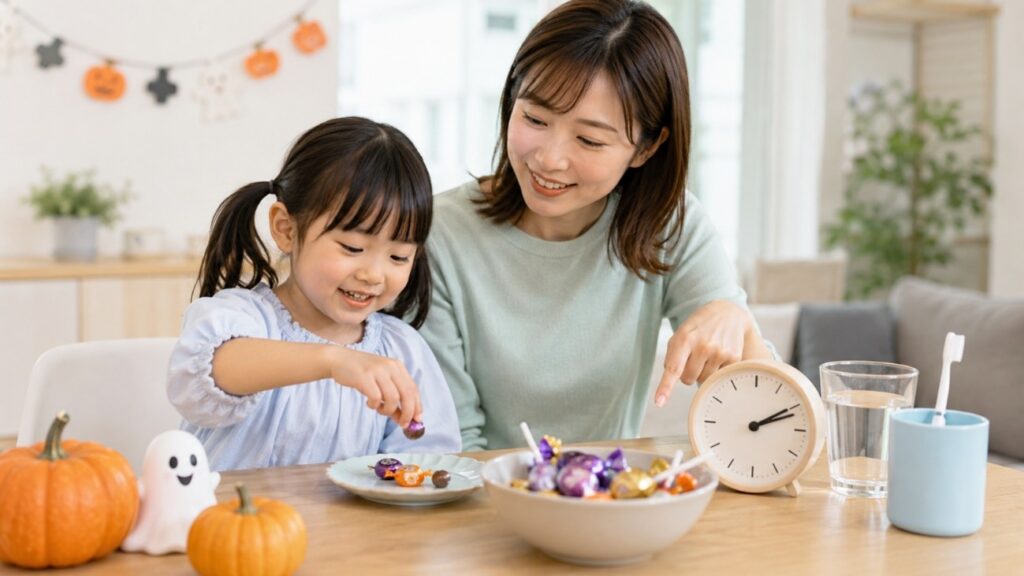 こどもがハロウィンで手に入れたお菓子を食べようとしている姿をお母さんが見ている画像